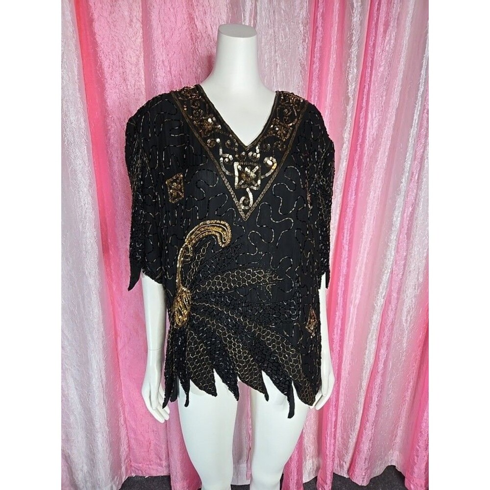 Gold Star Vintage Black Golf Exquisite Sequin Beaded Cocktail Blouse Size 3X